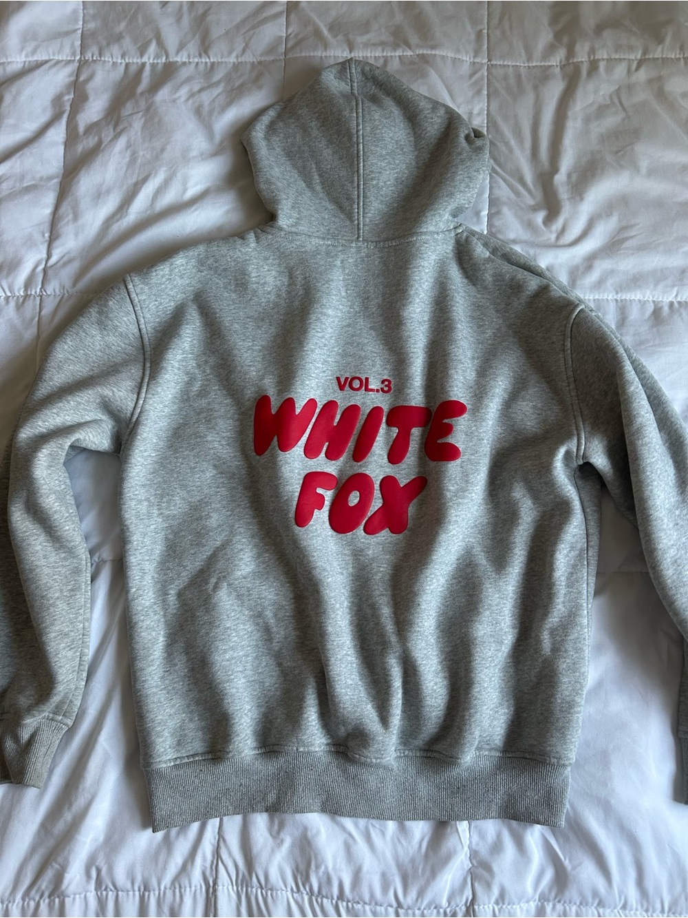 White Fox Boutique Grey Crewneck Hoodie with Red Logo
